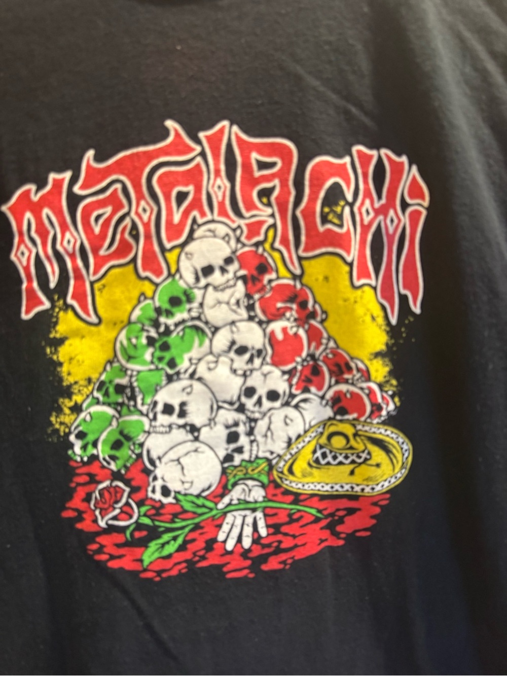 Gildan Black Tee with Red, Green, Yellow Skull Pyramid Graphic